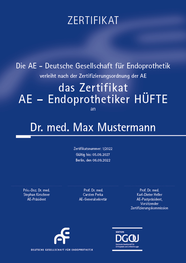 AE Zertifikat Endoprothetiker Muster